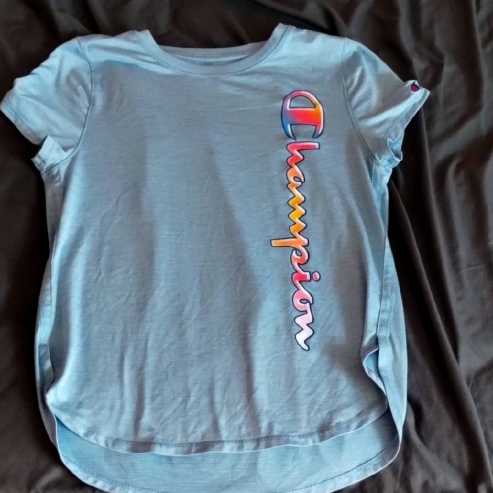 Champion Light Blue Tee with Colorful Logo